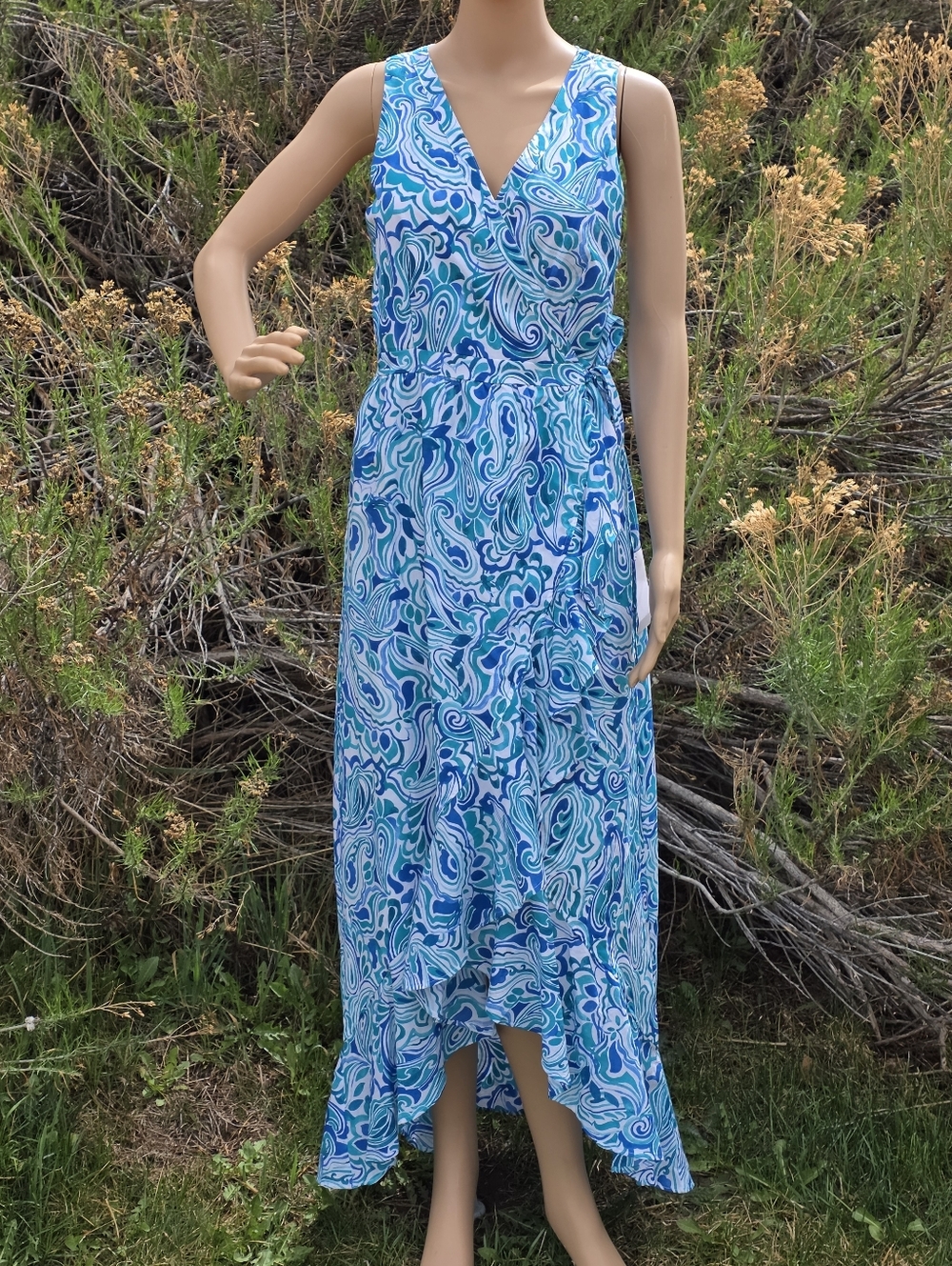Venus Sleeveless Blue Swirl Wrap Maxi Dress
